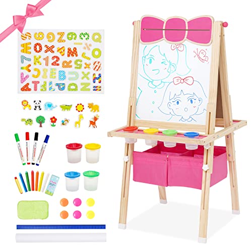 Kinder Tafel Staffelei aus Holz mit Papierrolle Kinder Holz Spielbrett Höhe Einstellbar Schöne Bogen Design Doppelseitige Whiteboard und Tafel Staffelei mit Zahlen und anderem Zubehör als Geschenk von Siairo