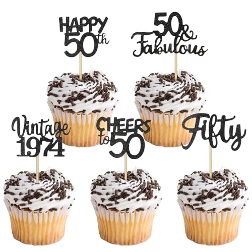 Sibba 30 Stück 50th Birthday Cupcake Toppers Kuchendeko Alles Gute zum Geburtstag 50 Geburtstag Theme Party Tortendeko Schwarz Kuchen Topper Cheers to 50. Geburtstagstorte Papierfächer Cake Mann Frau von Sibba