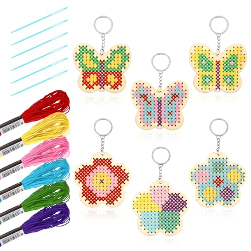 Sibba 6 Pack Holz Kreuzstich Set für Anfänger Cross Stitch Embroidery Kit mit 6 Farben Polyesterfaden Häkelprojekte für Stickerei Ostern Sticken Basteln für Erwachsene Kinder Stickerei Liebhaber von Sibba