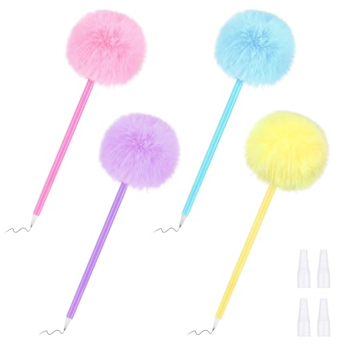 Sibba Pom Pom Pens 4x Flauschige Stifte Flauschiger Kugelschreiber Niedlicher Schreibkugelschreiber Korrekturzubehör Schwarze Tinte Permanentmarker Plüsch Kugelschreiber Für Büromädchen Valentinstag von Sibba