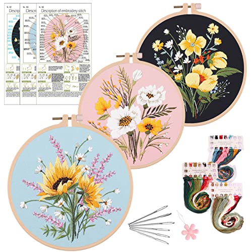 3 Sets Anfänger Stickerei Set, Blumenmuster Kreuzstich-Kit Starter Kit mit 1 Stück Kunststoff-Stickrahmen, Farbfäden und Werkzeuge, für DIY Kunst, Handwerk Nähen (Flowers) von SicaHomy