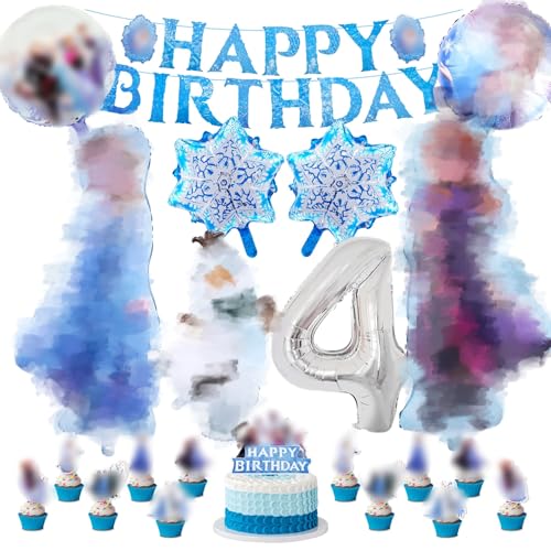 Happy Birthday Dekorationen, 22 Stück Party Dekorationen Happy Birthday Banner Luftballons Schnee Kuchen Topper Dekorationen Kinder 4. Geburtstag Dekorationen Geburtstag Banner für Mädchen Geburtstag von Sidesea