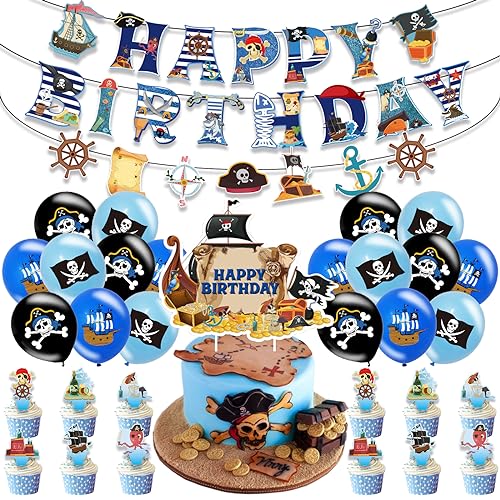 Piraten Kindergeburtstag Deko, 33 Stück Blue Piratenschatz Kindergeburtstag Geburtstagsdeko Jungen Piraten Luftballons Tortendeko HAPPY BIRTHDAY Banner Deko Kuchen Piratenparty Kindergeburtstag von Sidesea