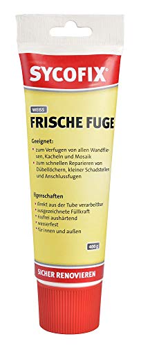 Frische Fuge 400g Tube, weiß, Spachtelmasse zum Verfugen von allen Wandfliesen, zum schnellen Reparieren von Dübellöchern, kleinen Schadstellen, für Innen und Außen, wasserfest, für Bad, Küche von Sycofix