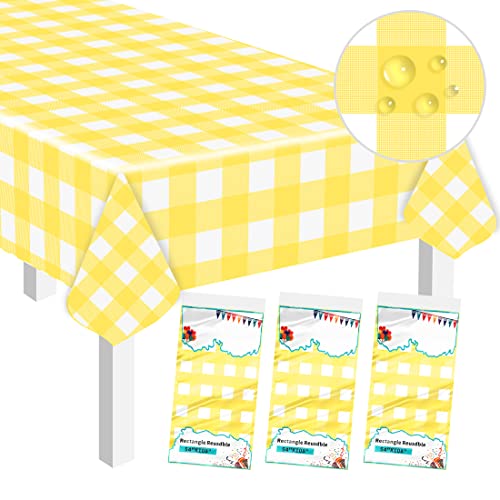 3 x gelbe Gingham-Tischdecke für rechteckige Tische, Einweg-Kunststoff-Tischdecke für Party, Outdoor, Picknick, Hochzeit, 137 x 274 cm, Gelb und Weiß kariert von SietDESEO