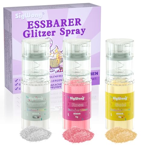 Essbarer Glitzer Set, Glitzer Essbar in Sprühflasche Gold, Silber, Pink Essbares Glitzerpulver für Lebensmittel, Kuchen, Getränke, Schokolade, Fondant, Keksen, Lebensmittelfarbe Glitzerpuder 3 x 4g von SigWong