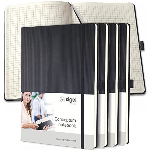 SIGEL CO111/5 Premium Notizbuch kariert, A4, Hardcover, 194 nummerierte Seiten, schwarz, 5er Pack, mit Inhaltsverzeichnis, Stiftschlaufe, Falttasche, Gummibandverschluss, Conceptum von Sigel