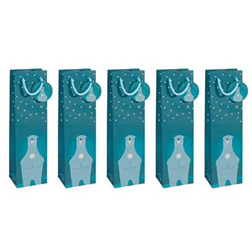 SIGEL GT054/5 Flaschen-Geschenktüten aus Papier | 5er Set | 35 x 10 cm | petrolblau | Weihnachten | "Polar bear with candle" von Sigel