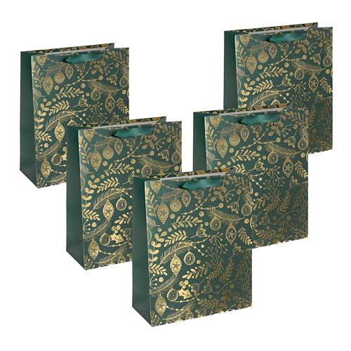 SIGEL GT118 große Premium Geschenktüten aus Papier, 5er Set, 26 x 33 cm, Golden ornaments on green, Papier-Geschenktaschen Weihnachten von Sigel