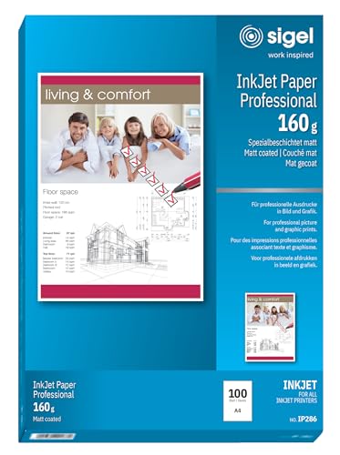 SIGEL IP286 InkJet-Papier Professional, A4, 100 Blatt, spezialbeschichtet matt, weiß, 160 g, für Präsentationen, Bewerbungen, Flyer von Sigel