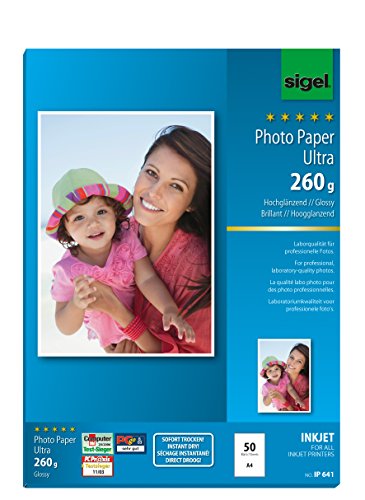 SIGEL IP641 InkJet-Fotopapier Ultra, A4, 50 Blatt, hochglänzend, extrem lichtbeständig, 260 g , für hochwertige Fotografien von Sigel