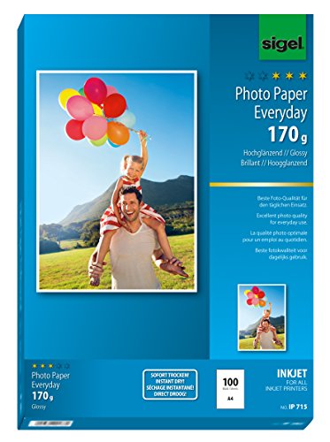 SIGEL IP715 InkJet Fotopapier hochglänzend, weiß, 170 g, A4, 100 Blatt, für hochwertige Fotografien, exzellente Detailschärfe, sofort trocken und wischfest von Sigel