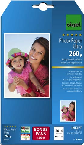 SIGEL Inkjetpapier Photo Paper Ultra, 10 x 15 cm, 260 g/m², weiß, hochglänzend (24 Blatt), Sie erhalten 1 Packung á 24 Blatt von Sigel