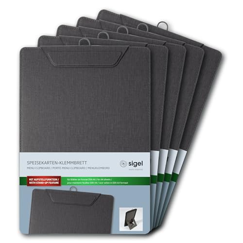 SIGEL KB110/5 Speisekarten-Klemmbrett A4, anthrazit, mit Aufstellfunktion, stabiles Clipboard, 5er Pack von Sigel