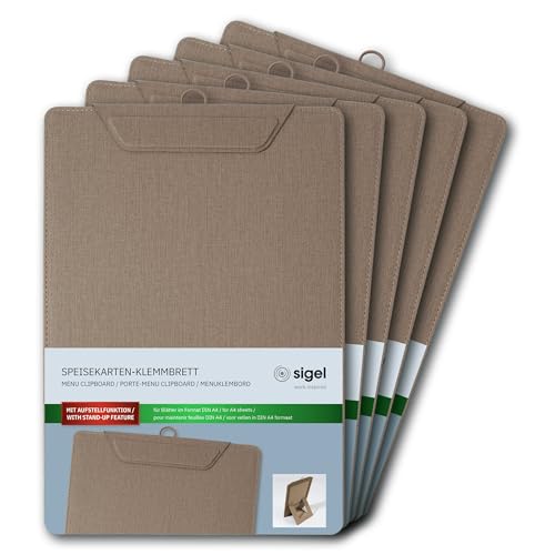 SIGEL KB120/5 Speisekarten-Klemmbrett A4, beige, mit Aufstellfunktion, stabiles Clipboard, 5er Pack von Sigel