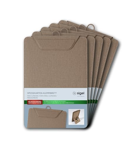 SIGEL KB121/5 Speisekarten-Klemmbrett A5, beige, mit Aufstellfunktion, stabiles Clipboard, 5er Pack von Sigel