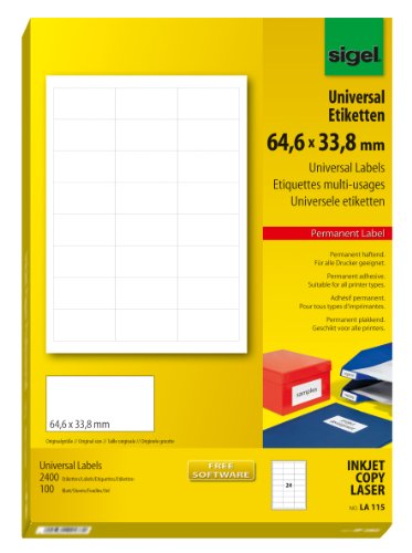 SIGEL LA115 Universal-Etiketten weiß, 64,6 x 33,8 mm, 2400 Etiketten = 100 Blatt von Sigel