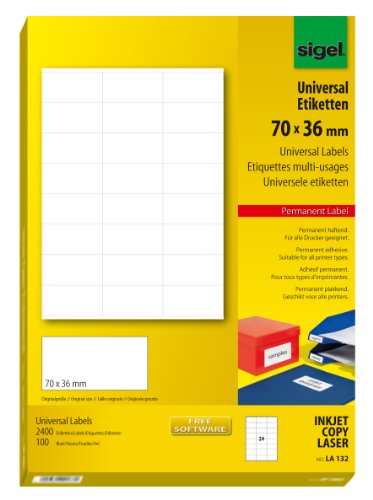 SIGEL LA132 Universal-Etiketten selbstklebend, bedruckbar, weiß, 70 x 36 mm, 2400 Etiketten = 100 Blatt von Sigel