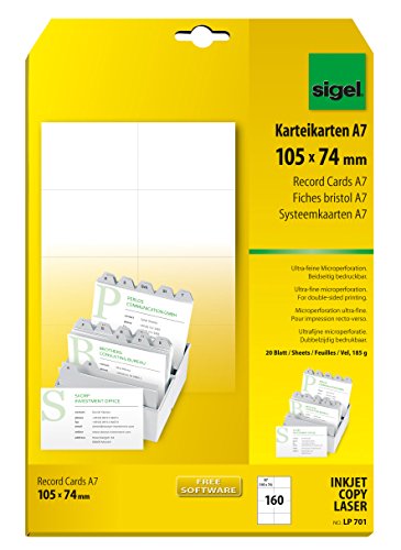 SIGEL LP701 Karteikarten, beidseitig bedruckbar, weiß, 185 g, A7, 160 Stück von Sigel
