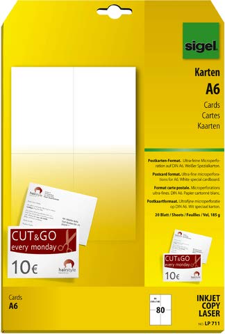 SIGEL Postkarte, Inkjet/Laser/Kopierer, Spezialkarton, 185 g/m², A6, weiß, Mikroperforation (80 Stück), Sie erhalten 1 Packung á 80 Stück von Sigel