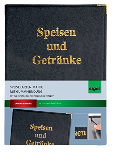 SIGEL SM100 Speisekarten-Mappe für A4, Menükarte, Gummi-Bindung, schwarz mit Goldprägung, strapazierfähig und leicht abwischbar von Sigel