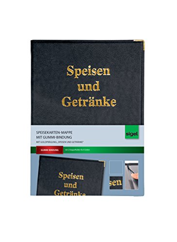 SIGEL SM101 Speisekarten-Mappe für A5, Menükarte, mit Gummi-Bindung, schwarz mit Goldprägung, strapazierfähig und leicht abwischbar von Sigel