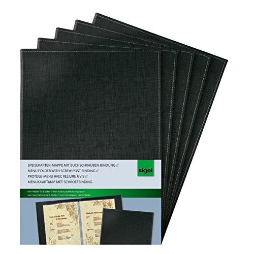 SIGEL SM130/5 Speisekarten-Mappen / Präsentationsmappen mit Buchschrauben-Bindung für A4, 5-er Pack, schwarz mit edler Leinenstruktur, strapazierfähig und leicht abwischbar von Sigel