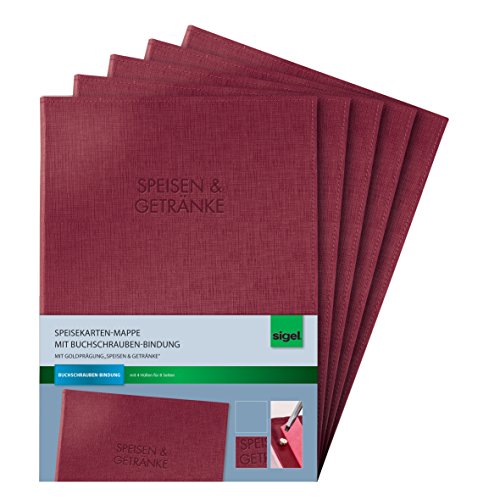 SIGEL SM132 Speisekarten-Mappen mit Buchschrauben-Bindung für A4, 5er Pack, bordeauxrot mit edler Leinenstruktur von Sigel