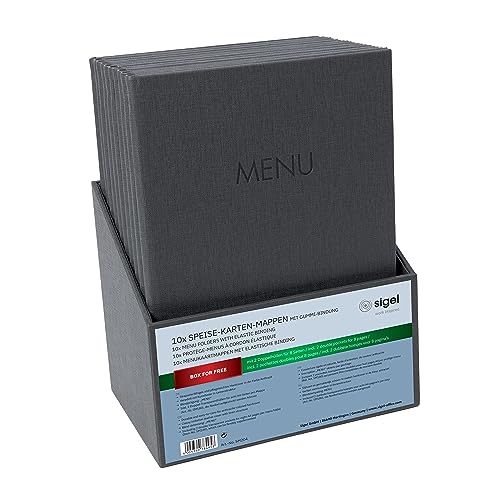 SIGEL SM204 Speisekarten-Mappen A4 - Set: 10 Stück mit gratis Aufbewahrungsbox - Gummi-Bindung, anthrazit mit Leinenstruktur, strapazierfähig und leicht abwischbar von Sigel