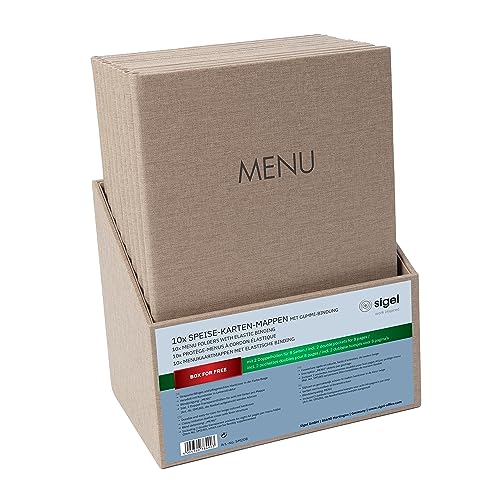 SIGEL SM208 Speisekarten-Mappen A4 - Set: 10 Stück mit gratis Aufbewahrungsbox - Gummi-Bindung, beige mit Leinenstruktur, strapazierfähig und leicht abwischbar von Sigel