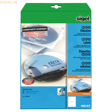 Sigel CD-/DVD-Etiketten Inkjet 117mm VE=50 Stück (25 Blatt) weiß von Sigel