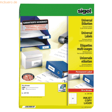 Sigel Etiketten Inkjet/Laser Kopier 70x36mm VE=2400 Stück (100 Blatt) von Sigel