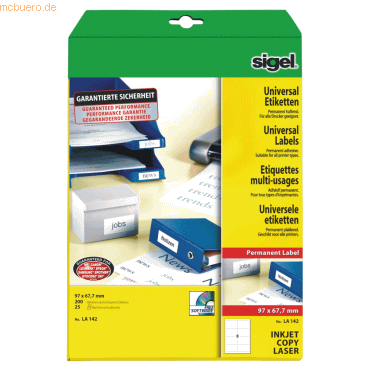 Sigel Etiketten Inkjet/Laser Kopier 97x67,7mm VE=200 Stück (25 Blatt) von Sigel