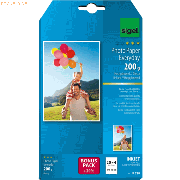 Sigel Fotopapier Everyday plus 10x15cm 200g/qm weiß glänzend VE20+4 Bl von Sigel