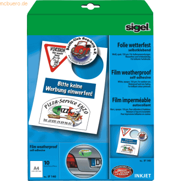 Sigel InkJet-Folie wetterfest A4 160qm weiß selbstklebend opak VE=10 B von Sigel