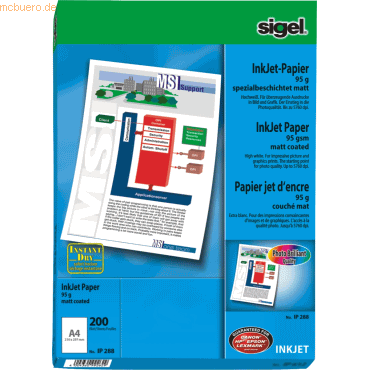 Sigel Inkjetpapier A4 95g/qm spezialbeschichtet hochweiß VE=200 Blatt von Sigel