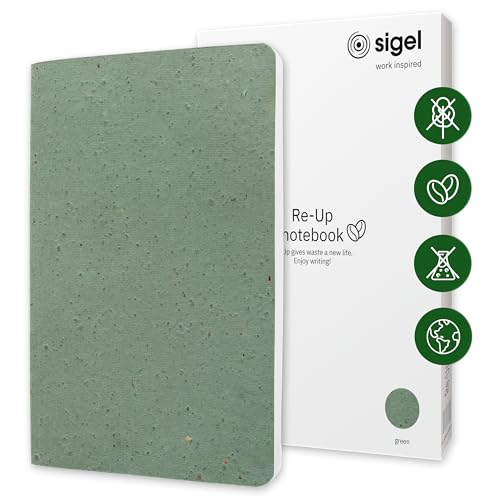 Sigel RU103 veganes Notizbuch A5 liniert aus Kaffee/Baumwollresten, dickes 100 g Papier, NCP-Award: nachhaltig, frei von Plastik und Chemikalien, 100 Seiten, Re-Up Notizheft Geschenkbuch grün von Sigel