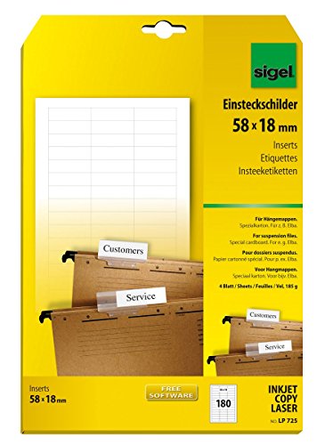 sigel Einsteckschilder für Hängemappen 58x18mm (A4), 185 g, Inh. 180 ST=4 BL von Sigel