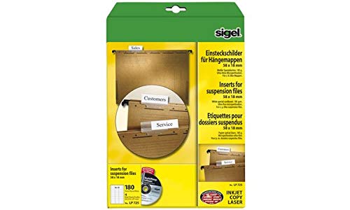 sigel PC-Einsteckschilder für Hängemappen, 60 x 21 mm, weiß, Sie erhalten 1 Packung, Packungsinhalt: 4 Bögen von Sigel