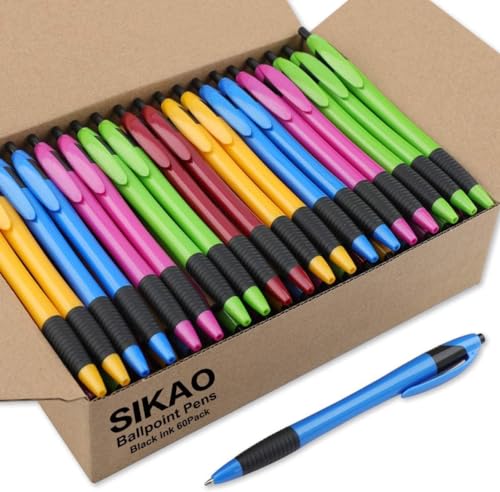 Sikao Gripped Slimster Einziehbarer Kugelschreiber, Großpackung Schwarz tinte Mittlere Spitze 1,0mm, Druckkugelschreiber Schreibstifte für Schule und Büro, Klick-Kugelschreiber (60er Pack) von Sikao