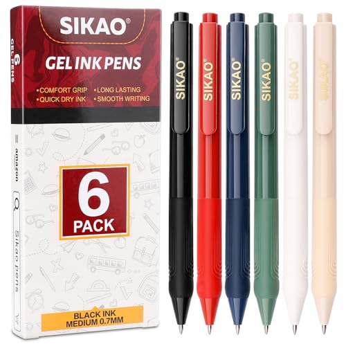 Sikao Gelstifte, Schwarz Tinten Gelschreiber, Feine Spitze, Schreibstifte 0,7 mm, Schnell Trocknende Gel Tinten Kugelschreiber Hochwertig, Weicher Griff Stifte, Schreibwaren, Gel Pens (6er Pack) von Sikao