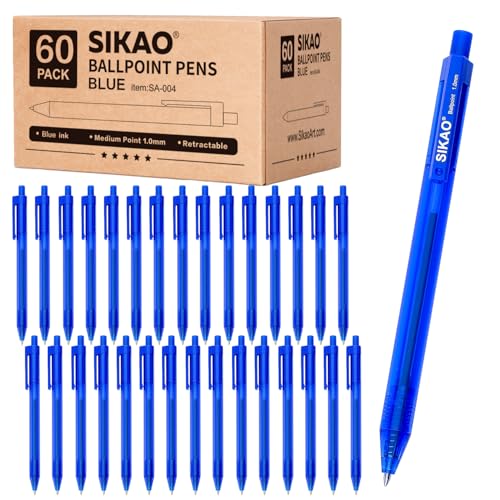 Sikao Kugelschreiber | Blaue Stifte | 60er Packung Kugelschreiber Blau | Blaue Tinte, Mittelspitze 1.0 MM | Schul- Und BüRomaterialien, GroßPackung Kulischreiber, Pens von Sikao