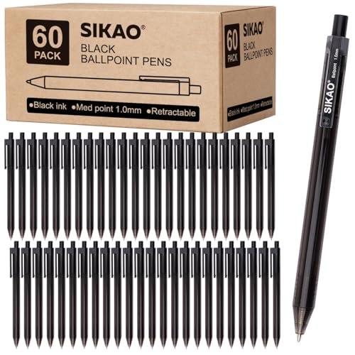 Stifte Bulk, schwarze Stifte, 60Pack Kugelschreiber für glattes Schreiben Stifte kein Abstrich, schwarze Tinte Stifte Medium Point 1.0mm, einziehbare Stifte, Klick-Stifte… von Sikao