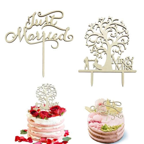 Silars Cake Topper Hochzeit Holz, 2 Stücke Hochzeit Tortendeko Holz Hochzeit Kuchen Topper, Mr und Mrs Tortenstecker & Just Married Torten Topper für Hochzeitstorten und Partytorten von Silars