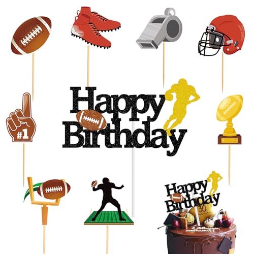 Silars American Football Tortendeko Geburtstag Junge, 9 Stücke Tortenaufleger Rugby Fussball Kuchen Deko, Glitzer American Football Thema Cupcake Topper für Torte zum Kindergeburtstag von Silars