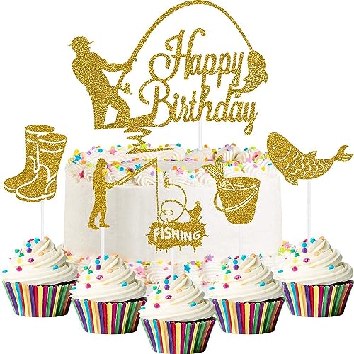 Silars Angler Cake Topper, 6 Stücke Happy Birthday Tortendeko Fische Angeln Kuchen Deko Geburtstag, Angler Tortenaufleger für Kuchen DIY Deko für Jungen Mann Geburtstagsparty (S-Gold) von Silars