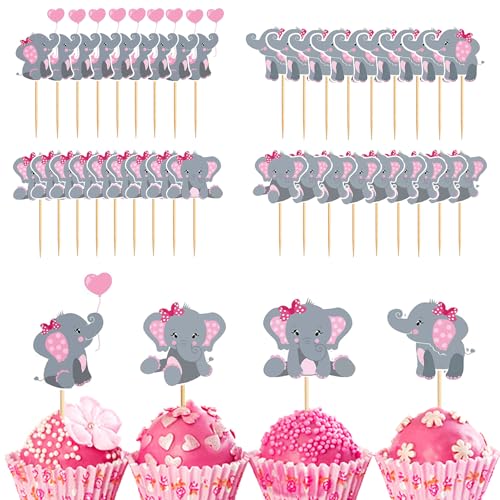 Silars Baby Elefant Cupcake Topper, 36 Stücke Tortendeko Elefanten Deko Geburtstag, Baby Shower Tortenaufleger für Elefanten-Thema Geschlecht offenbart Babyparty Kinder Geburtstag (Rosa) von Silars