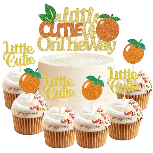 Silars Baby Shower Tortendeko, 7 Stücke Glitzer Orang Kuchen Deko Babyparty Cake Topper, "Little Cutie is On The Way" Tortenaufsatz für Baby Shower Eine Windeltorte Gender Reveal Partydeko von Silars