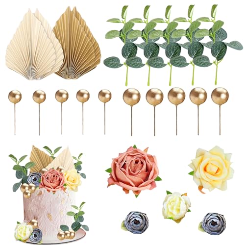 Silars Böhmische Kuchendekoration Boho Tortendeko, 24 Stücke Boho Tortenaufsatz Dekoration Blume Gold Palmenblätter Tortendeko Kugeln Deko, Boho Tortenaufleger Set für DIY Geburtstag von Silars