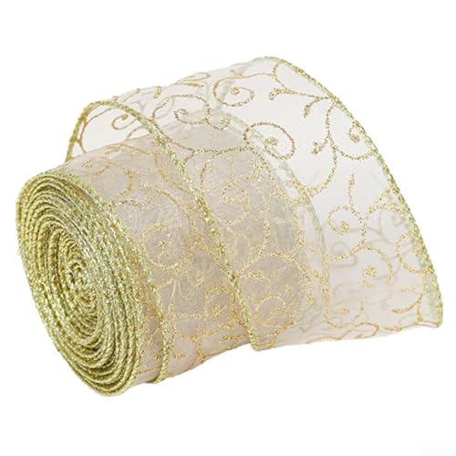 Sileduove Schleifenband Weihnachten,1 Rolle Band Glitter Wired Ribbon/Organza Sheer Ribbon with Gold Glitter Swirl Pattern(2,5 Zoll breit und Länge von 2 Metern/Rollen)(Hollow）(Gold) von Sileduove